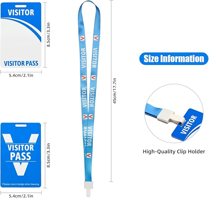 Visitor Badge Lanyards Volunteer Badge Holder with Clips (25 pcs) - Reusable Temporary ID Pass for Office, School, Events PVC Plastic Security Cards for Exhibition Guest by OSTENBIG (Light Blue)