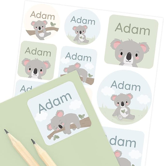 Large Name Labels for Kids (33) - Custom Stickers for Daycare and School Supplies - Durable, Waterproof Stickers for Water Bottles, Lunch Boxes, and More with Unique Designs - Koala