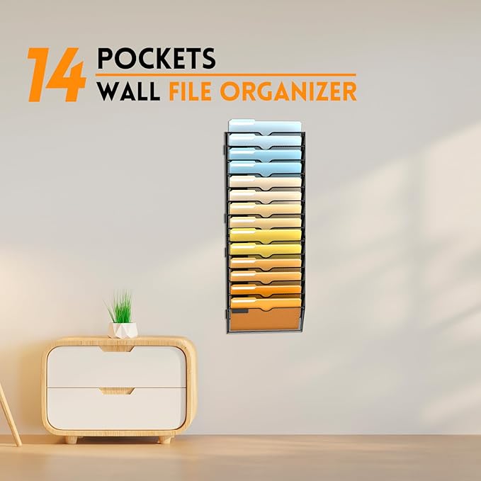 SUPEASY Wall File Organizer Mesh Office Mail Holder, Hanging Wall Organizer Magazine Rack for Office Black, 14 Tier