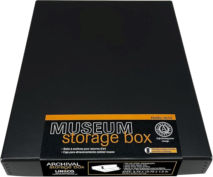 Lineco Museum Archival Storage Box, 9.75x12.75x1.5 in. Drop Front Design. Acid-Free with Metal Edge. Organize Photos, Pictures, Prints, Documents, Crafts, DIY. Black, 1 Pack