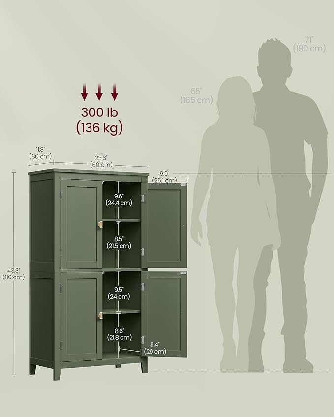 VASAGLE Floor Storage Cabinet, Freestanding Storage Unit with 4 Doors, Adjustable Shelves, 11.8 x 23.6 x 43.3 Inches, for Entryway, Bathroom, Forest Green UBBC552C01