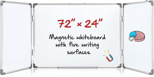 72" x 24" Foldable Whiteboard Dry Erase Board Large Tri Folding Whiteboard Magnetic Dry Erase Board, Wall Aluminium Frame and Flip Out Pen Tray for Office, Home