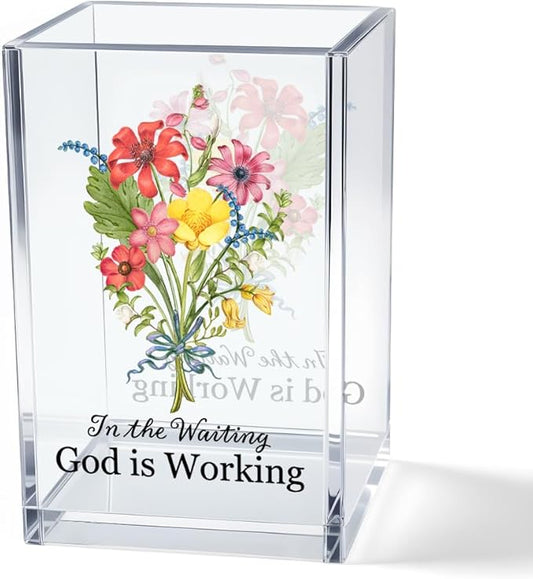 Vgrti in The Waiting God is Working Acrylic Cosmetic Bible Verse Pencil Pen Holder Cup, Floral Christian Desk Organizer Accessories for Home Office Decor, Christian Faith Gifts for Women Girl Coworker