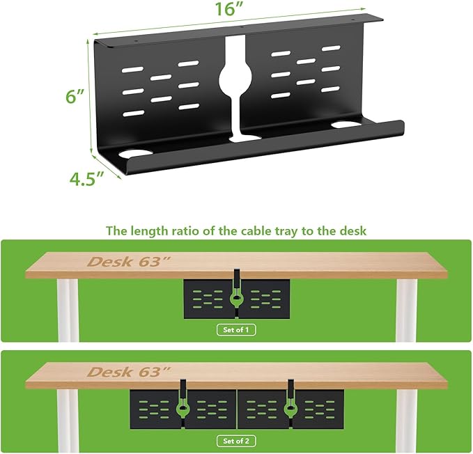 KEEGH 16" Under Desk Cable Management Tray, 2 Pack Desk Cord Organizer Upgrade Capacity, Drill Free Clamp/Screw Mount, Sturdy Metal Tray for Connect Cables, Home, Office, Black