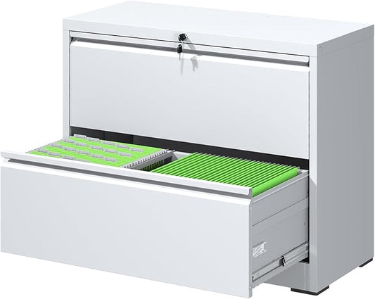 FLIXELIO File Cabinets 2 Drawer,Metal Office Storage Filing Cabinet with Lock,White Lateral Filing Cabinet for Home Office,Horizontal Two Drawer File Cabinet for Legal/Letter/A4,Assembly Require,White