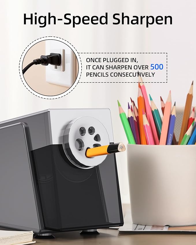 ZMOL Heavy Duty Electric Pencil Sharpener for Classroom, 6 Holes, Stronger Helical Blade, Auto Stop,Plug in, Suitable for 6-12mm No.2/Colored Pencils, Teachers,School & Home, Silver Gray