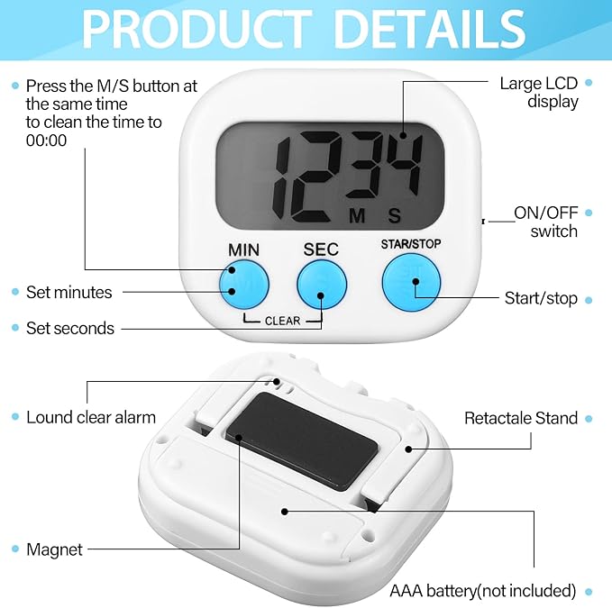 Weewooday 2 Pcs Digital Kitchen Timer Magnetic Timer Bulk On/Off Switch Minute Second Count up Countdown Loud Alarm for Exercise Cook Baking (White)