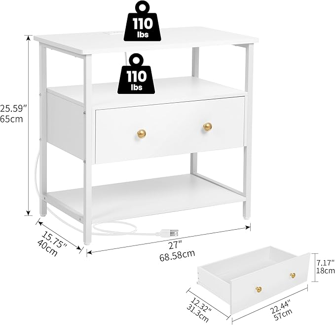 Edbuosy 27 Inch Wide Night Stand with Charging Station, Wood Nightstand with Open Shelf, Large Drawer Bedside Table for Living Room/Bedroom/Office (White)