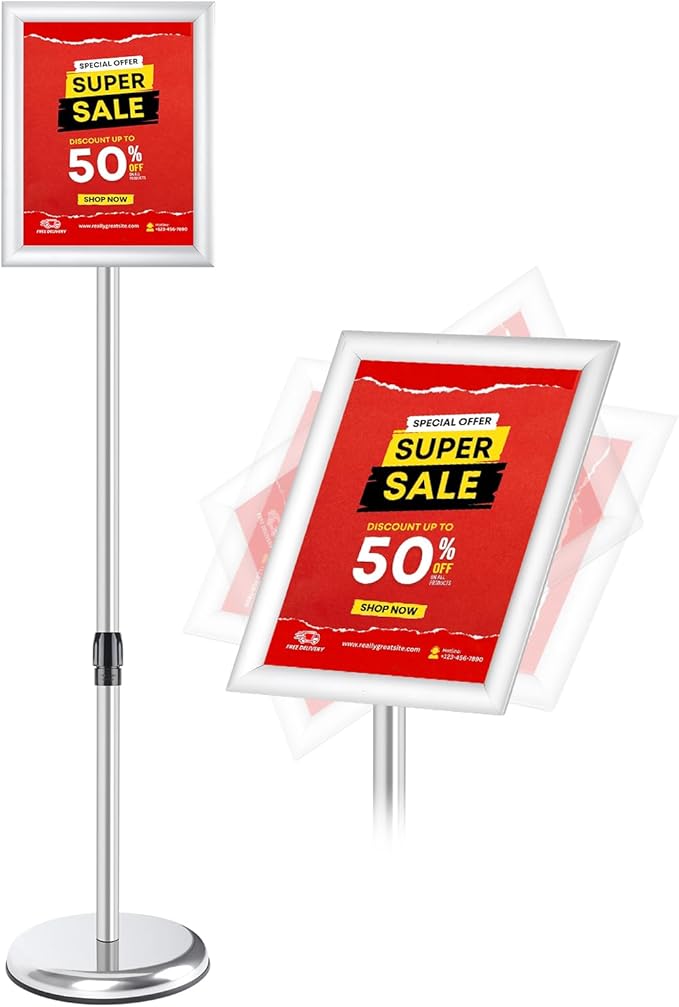 RedChili Adjustable Sign Holder Stand for 8.5x11 Inch Poster, Floor Standing Sign Holder With Snap-Open Aluminum Frame 360° Rotating Display Outdoor Indoor Signage Stand for Advertising (Silver, Sharp Corner)