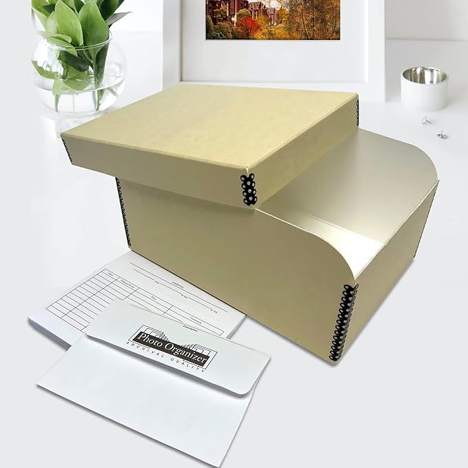 Lineco 4x6 Photo Storage Box, with 12 Acid-Free Envelopes, Holds Up to 1000 3.5" x 5", or 4" x 6" Pictures, Metal Edge Archival Organizer for Cards Stickers Stamps Seeds, 5.5x7.5x11. Tan, 2 Pack