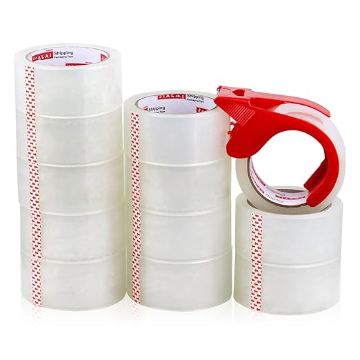 JIALAI HOME 12 Rolls Clear Packing Tape, Heavy Duty Packaging Tape with Dispenser,1.88In x 55Yd,2.4Mil Thick Industrial Grade Transparent Tape Refills for Shipping,Moving,Sealing and storages