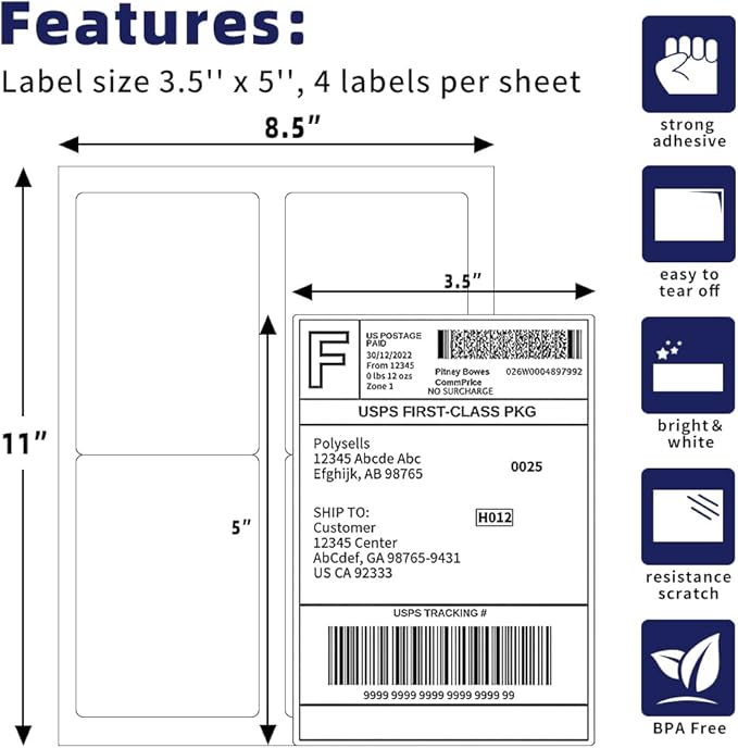 POLYSELLS Shipping Labels with Self Adhesive for Laser & Inkjet Printers, 4 Printing Labels Per Sheet, White 3.5 x 5 Inches - 500 Sheets (2000 Shipping Label Paper)