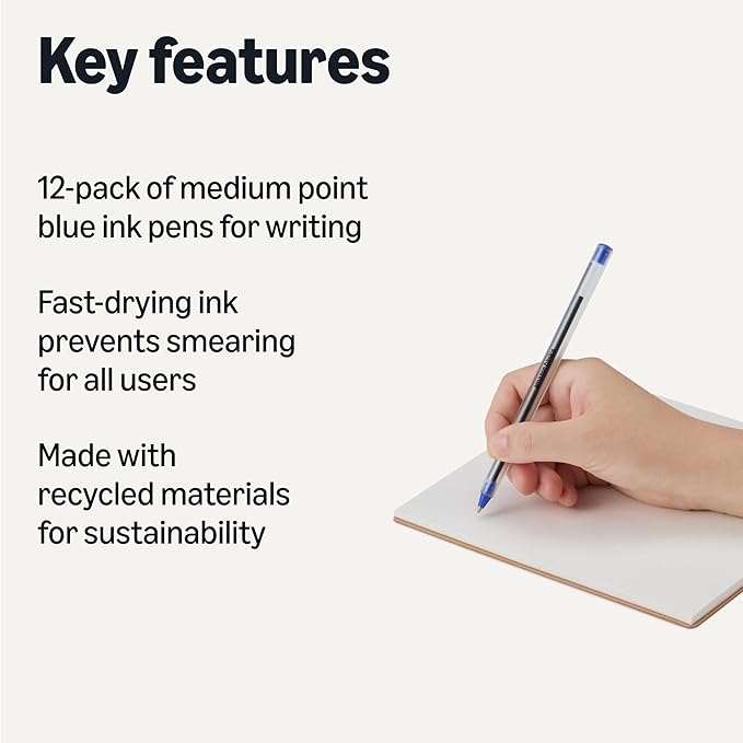Amazon Basics Ballpoint Pens, 1.0mm, Blue, 12 Pack