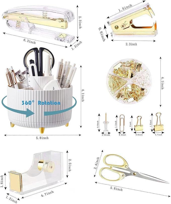 Gawsey Desk Organizers and Accessories Set with 360-Degree Rotating Pen Holder, Acrylic Stapler, Tape Holder, Staple Remover, Binder/Paper Clips Kit, Scissor and 1 Box of Staples