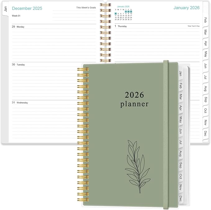 2026 Planner - Planner 2026 from January 2026 - December 2026, Weekly & Monthly Planners Spiral Bound with 12 Monthly Tabs, Inner Pocket, 6.4" x 8.5", Green