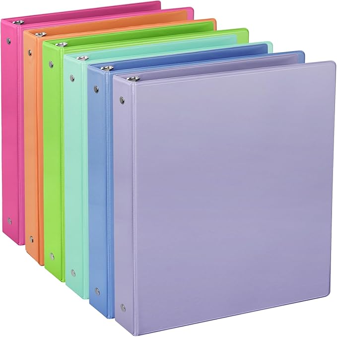 CIXILDTS 1-Inch Round Ring Binders, Standard 3 Ring Binder Fit Letter Size Paper, Presentation View Binders, 6 Packs, Assorted
