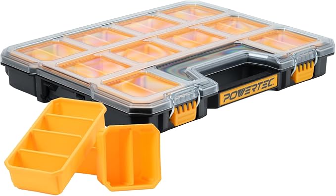 POWERTEC Small Parts Organizer & Tool Box – 20 Compartments, IP65 Water & Dust Protection, Stackable Storage with Interlocking Latch, Removable Bin, Dividers, Clear Lid, Portable Design (72366)
