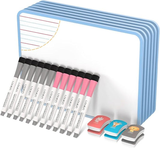 LOUKIN 6 Pack Small Dry Erase Lapboard, 9 x 12 Inch Double Sided (Ruled/Plain), Seamless Frame Mini Magnetic Lined Whiteboard Set, Great for Office (12 Markers&6 Erasers Included)