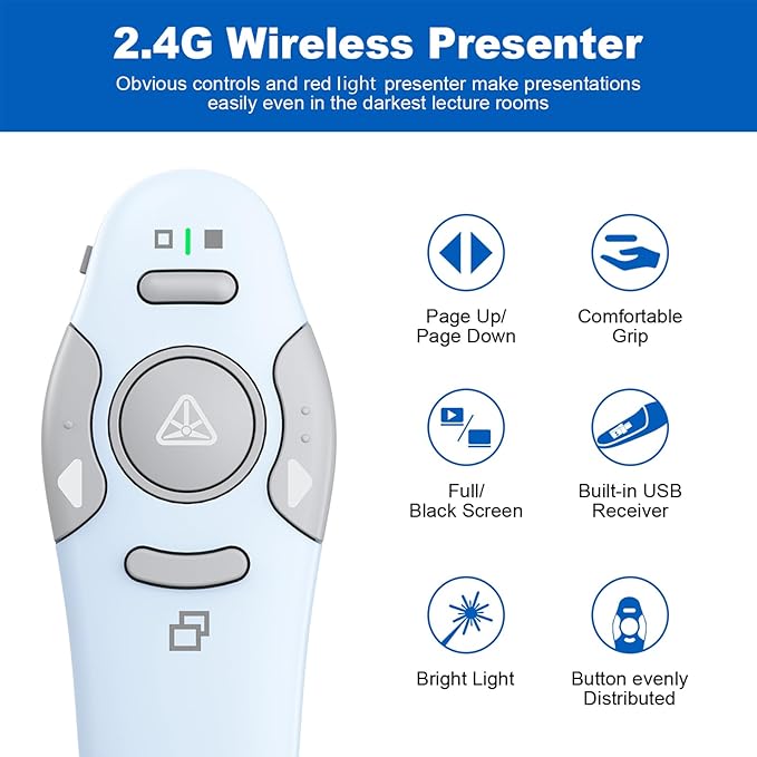 QUI Presentation Clicker Wireless Presenter Remote Clicker for PowerPoint Presentation Remote, PowerPoint Slide Advancer for Mac/Windows/Linux, Google Slide/PPT/Keynote, USB A&C, Blue
