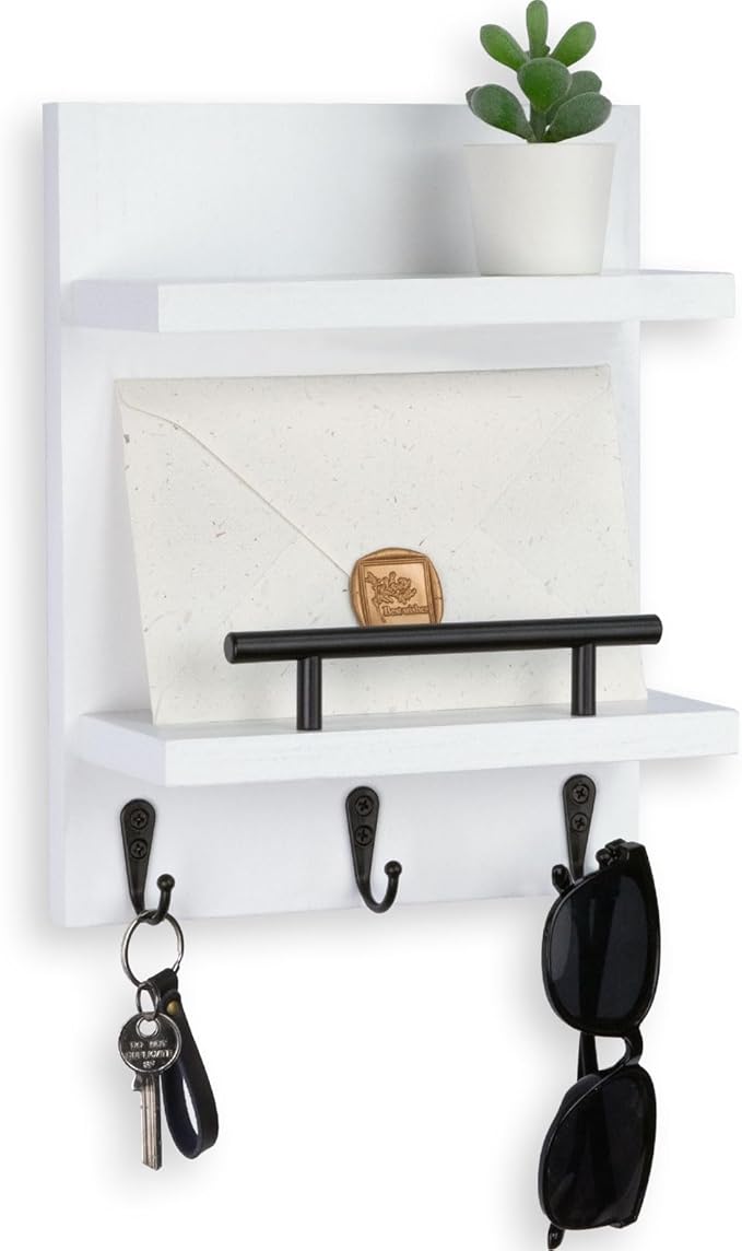 Lucundm Key Holder Wall Mount, Mail Shelf Decor with 3 Key Hooks, Versatile Wood Wall Organizer for Entryway Hallway (8.2” x 10.6”x 3.6”) (White)