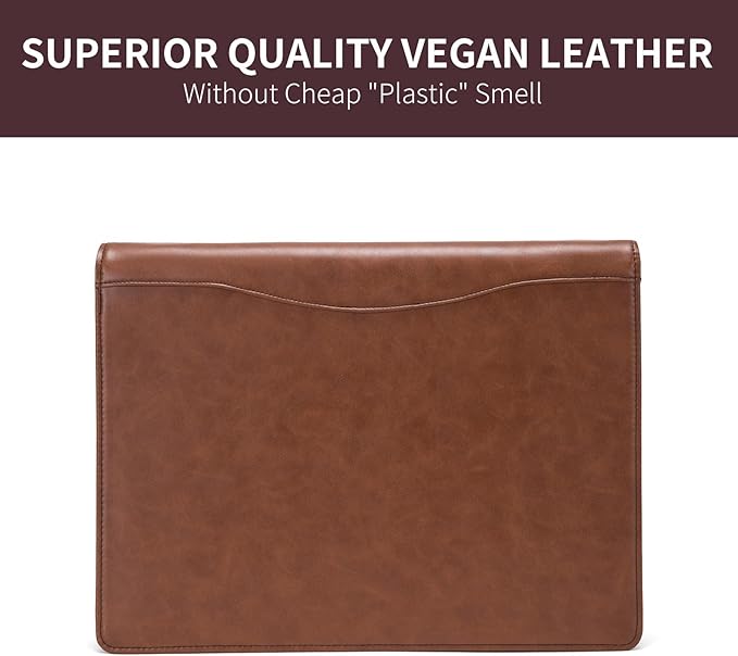 Geslun Personalized Vegan Leather 3 Ring Binder, Custom 8.5 x 11 Letter Size Folio with Pen Holder, Soft Notebook Portfolio Cover, Notepad Padfolio Organizer for Meeting, Brown