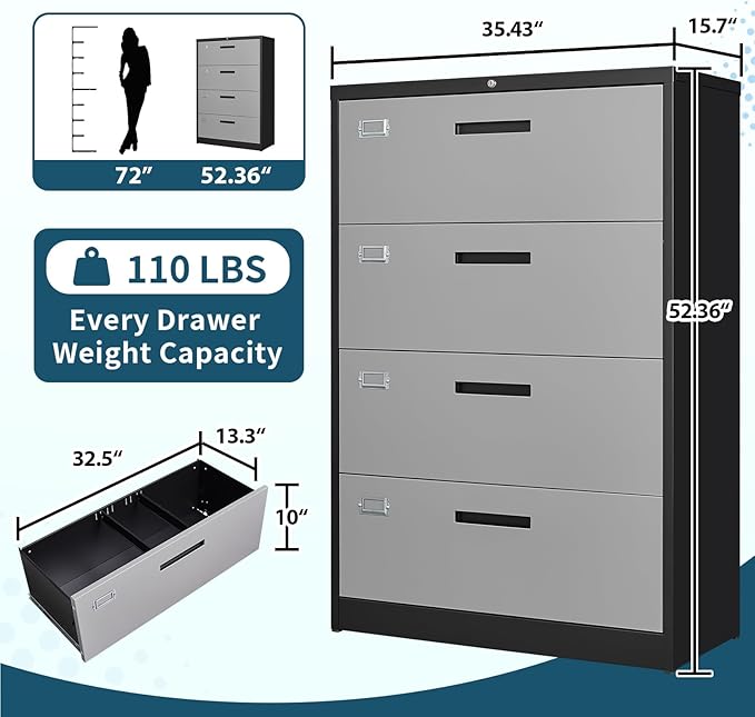 MIIIKO 4 Drawer Lateral Filing Cabinet with Lock, Metal File Cabinet 35.4" Wide, Home Office Locking Filing Cabinets for Legal Letter File Folders…