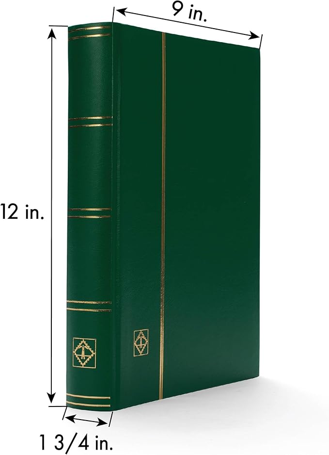 LIGHTHOUSE – “BASIC” Hard Cover Stockbook for Stamps - 64 White Cardstock 9”x12” (A4) Pages with Glassine Strips and Double Linen Hinges - Green