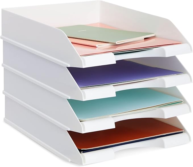 Stockroom Plus Rectangular Letter Trays - Paper Trays for Classroom - Desktop Paper Organizer & File Holder - Document Organizer for Desk Storage - Pack of 4, White, 10 x 13.5 x 2.5 in