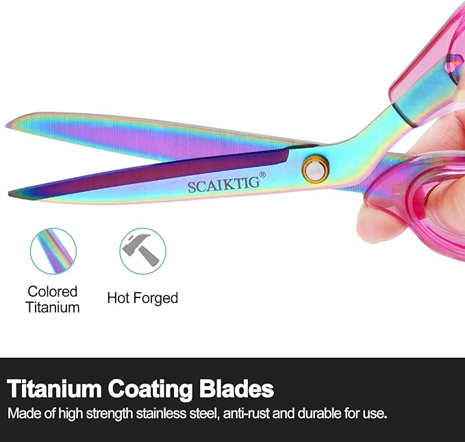 SCAIKTIG Acrylic Scissors Set, Office Scissors for Desk Heavy Duty, Pink Clear Comfort-Grip Handles and Titanium Coated Blades, Sharp Scissors all Purpose for Sewing, Art, Craft, School, Home Supplies