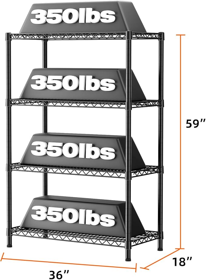 SINGAYE 4 Shelves Wire Storage Shelf 1400LBS Heavy Duty Storage Shelving Unit Metal Organizer Wire Rack Shelving 18" Dx36 Wx59 H Black