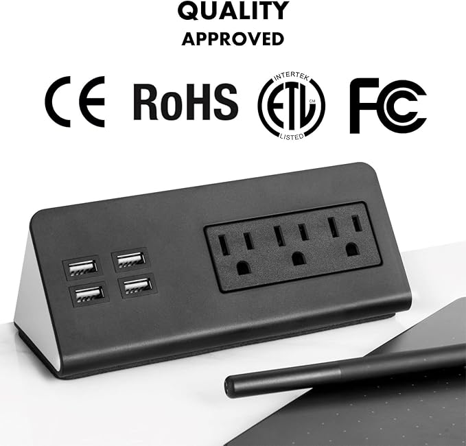 Kable Kontrol Desk Clamp Power Strip with 4 USB-A Ports, Nightstand Charging Station, 3 AC Outlets, Fast Charger, Easy Installation for Home, Offices, Hotels – 4.9 Ft, Black, 20 Pcs