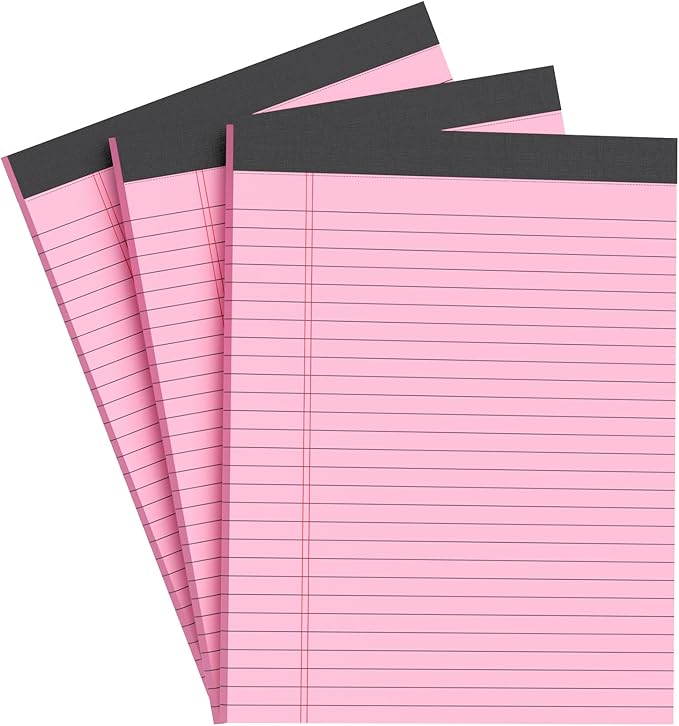 AILZFEI Pink Legal Pad Note Pads 8.5 x 11 inch, Wide Ruled Clear Print Writing Pads 30 Sheets/Pad, 20lb Colored Paper, Perforated Notepad with Sturdy Back (3 Pads Pink)