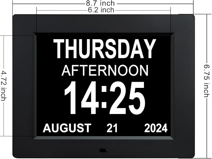 TMC 8 Inch Dementia Clock for Seniors – Large Auto-Dimming Calendar Display with Date & Time, Multi-Language Support, Medicine Reminders & Alarms – Wall or Desk Mount, Integrated Stand (Black, SD)
