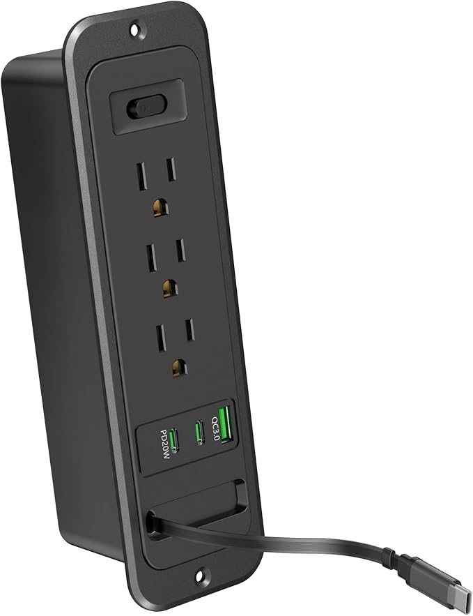 Recessed Power Strip with Retractable USB C Cable,2 PD 20W USB C,Flush Mount Countertop Drawer Outlet, Furniture Hidden Outlet for Side Table,End Table,3 Outlets (Black, 6FT-20W USB)