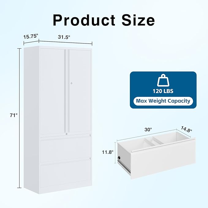 PEUKC 2-Drawer Metal File Cabinet, Lateral Vertical Filing Cabinets for Home Office, Locking File Cabinet with Storage Shelves, Legal/Letter/A4 Size (White, Assemble Required)