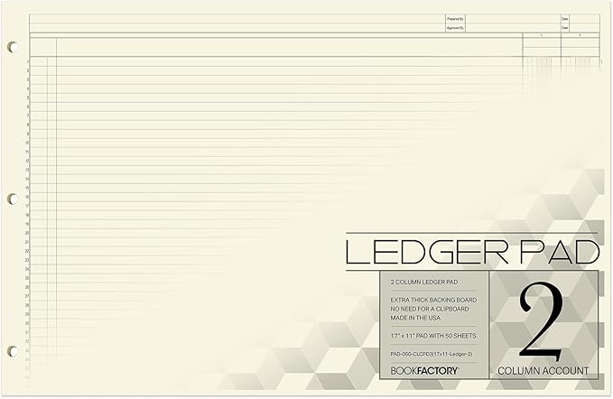 BookFactory Ledger Pad/Large 2 Column Accounting Ledger Columnar (Two Columns) Pads - 17'' x 11'', 50 Pages, Notepad Landscape Format (Made in USA)