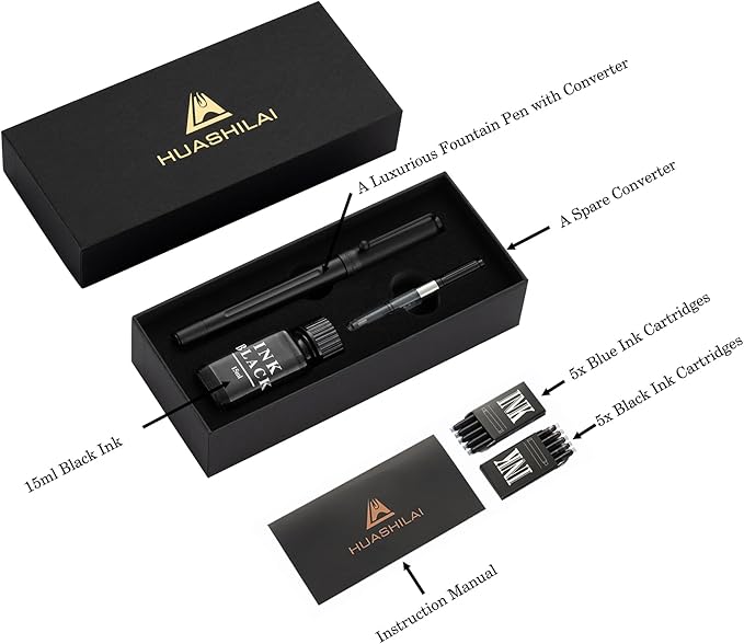 HUASHILAI Luxury Matte Black Forest Fountain Pen Set,Titanium Black Extra Fine and Medium Nibs,Includes 2 Ink Converters,10 Ink Cartridges,15ml ink，Premium Gift Case for Calligraphy (Medium Nib)