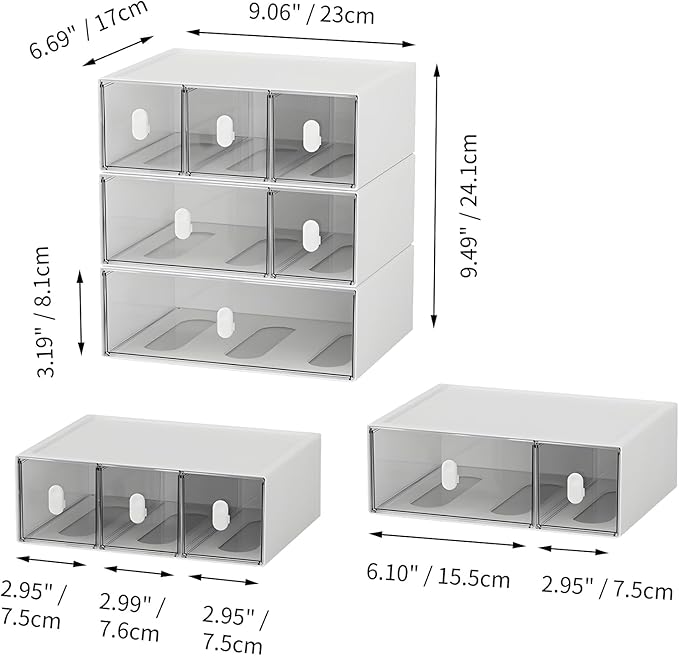 OSteed Desktop Drawers, Desk Organizer with 6 Drawers & Upright Handles, Stackable Craft Storage Box for Home Collection, Cosmetics, Office Supplies (3 Tiers, White & Clear)