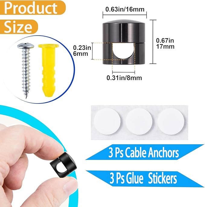 6 Sets Charger Cord Holder, Glossy Black Metal Adhesive Cable Management Clips,Adjustable Cable Anchor Holders,Wire Organizer for Desk, Wall, Home, Office