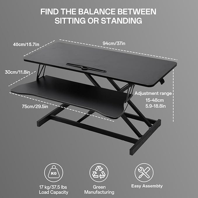 37 Inch Standing Desk Converter - Manual Pneumatic Spring, Two Monitor Stable Standing Desk Converter, 5.9" to 18.8" Height Adjustable Laptop Workstation with Keyboard Tray for Home, Company(Black)
