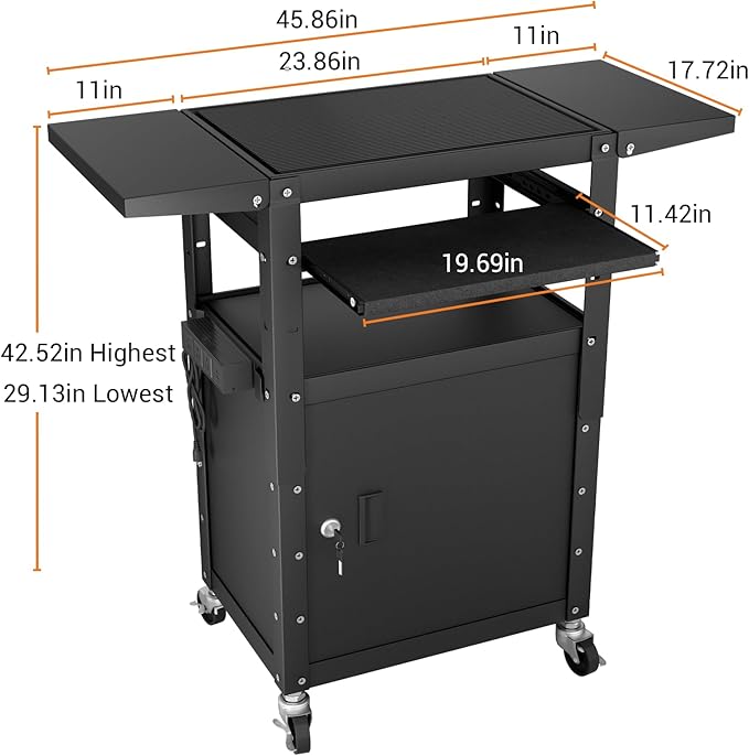 Mobile AV Cart with Pullout Keyboard Tray, Rolling Computer Cart Height Adjustable Rolling Media Utility Cart with Extra Storage Space, 4 Outlets, Perfect for Home or Office Use