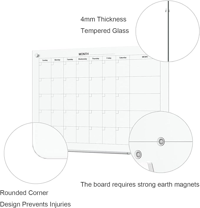 TOWON 36 x 24 Inches Tempered Glass Calendar Dry Erase Board for Wall, 3' x 2' Magnetic Whiteboard Calendar Planner for Office, Home, School Supplies, White