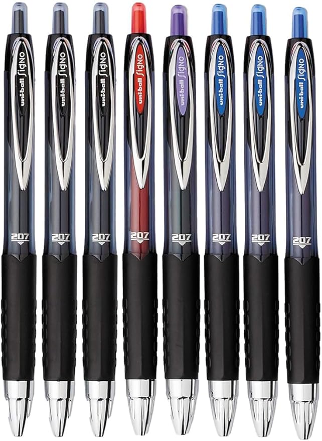 Advantage Gifts Signo 207 Roller Ball Retractable Gel Pens, Medium Point (0.7mm), Black Blue Red And Purple Ink, 8 Count, Bundle with Plastic Reusable Pouch