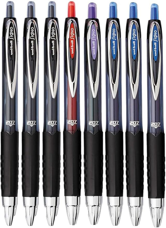 Advantage Gifts Signo 207 Roller Ball Retractable Gel Pens, Medium Point (0.7mm), Black Blue Red And Purple Ink, 8 Count, Bundle with Plastic Reusable Pouch