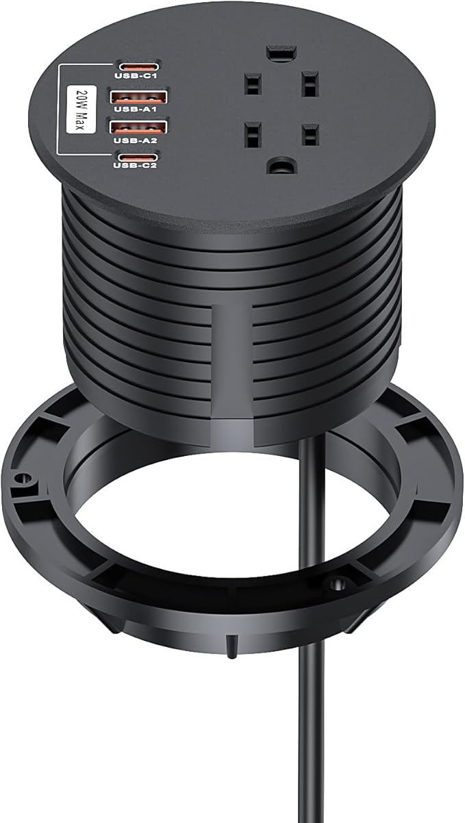 Recessed Power Grommet 3 inch with 20W USB C Ports 2 AC Outlets,Recessed Outlet Fast Charging Station,Desk Hole Grommet Outlets,Round Desktop Power Grommet Outlet for Office,Home (Black, 20W USB)