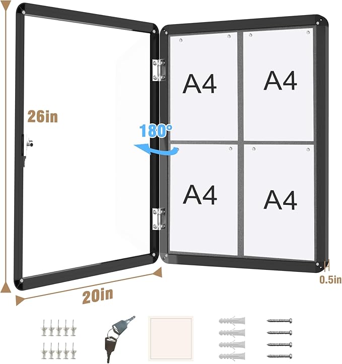 Mifuro 26"x20" Enclosed Bulletin Board, Lockable Weather-Resistant Aluminum Cork Noticeboard for School & Office, Black Frame w/Grey Flet
