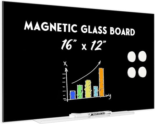 Magnetic Glass Whiteboard for Wall, 16" x 12" Glass Dry Erase Board, Large Frameless White Board for Home and Office - Black