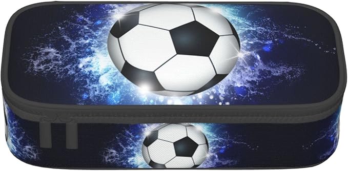 SNAPMADE Soccer Ball Pencil Box Sports Pencil Case for Boys Men, Large Capacity Durable Blue Black Pencil Pouch Storage Pen Bag Stationary Case with Double Zippers