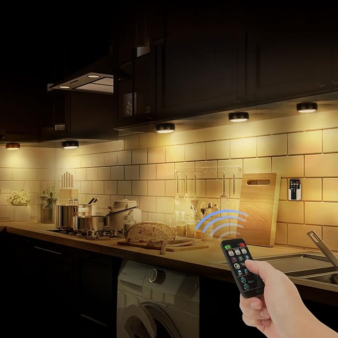 Battery Operated Puck Lights with Remote LED Under Cabinet Lighting Wireless Stick on Lights Color Changing Timer Tap Lights for Cabinets Shelves Closets Display Case - 2Pack Black