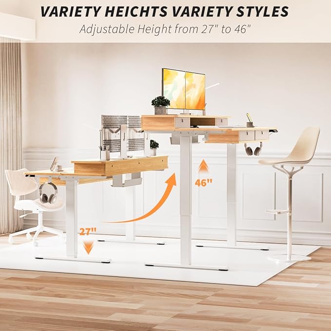 Kingant 55 x 30 Inch Electric Standing Desk with 4 Drawers, Adjustable Height Computer Desk for Home Office, Large Workstation Sit Stand Up Desk with Built-in USB A/C Charging Ports, Nature